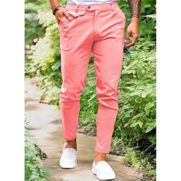 🆕 Men Pink Slim Fit Pants Flat Front Stretch Skinny Tapered Casual Trousers - Picture 6 of 6